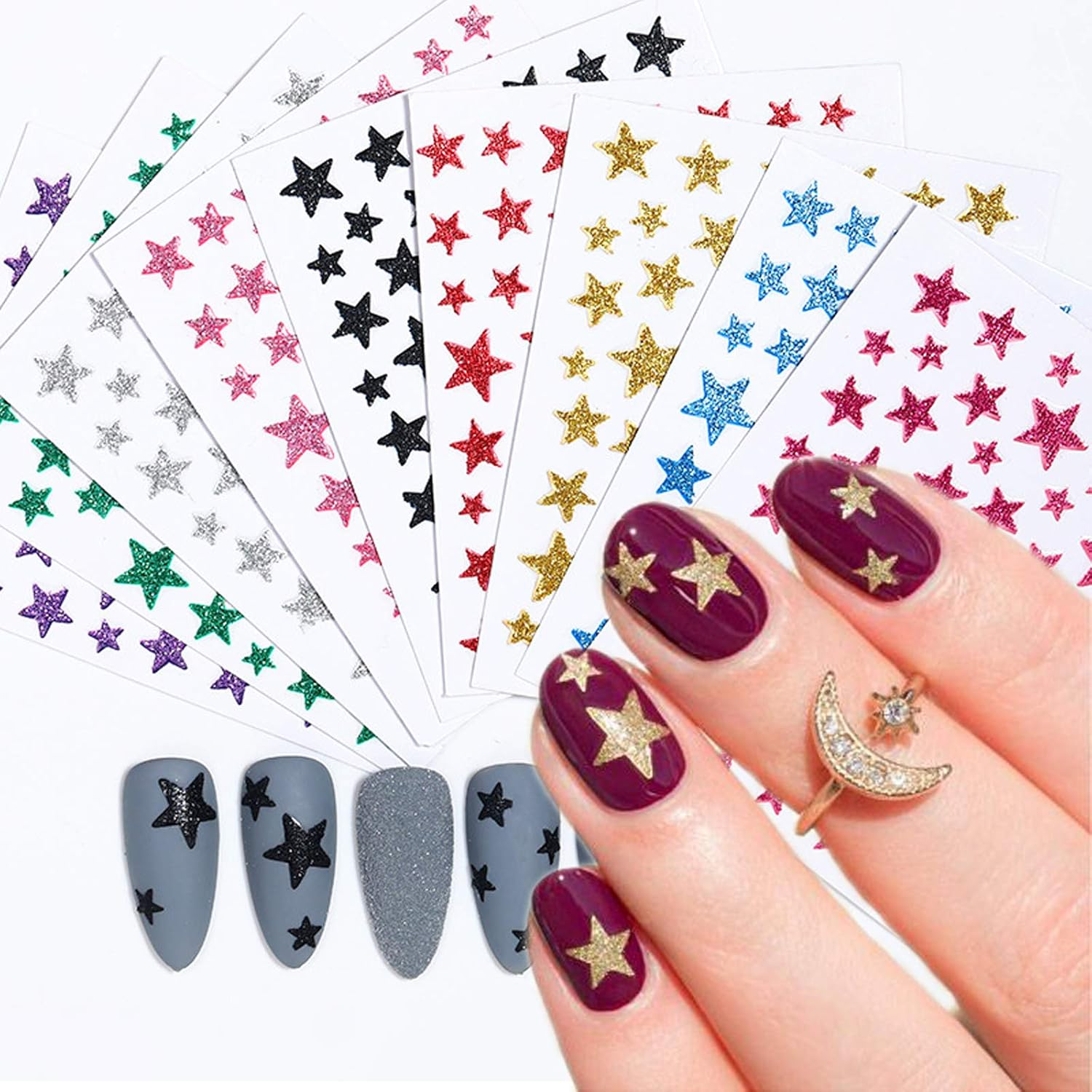 Kalolary 10Pcs Star Nail Art Sticker Decals, 3D Self-Adhesive Glitter Star Nail Sticker Nail Slider Stars Stickers Glitter Shiny Nail Sticker DIY Colorful Nail Art Tips Manicure Decoration image number 2