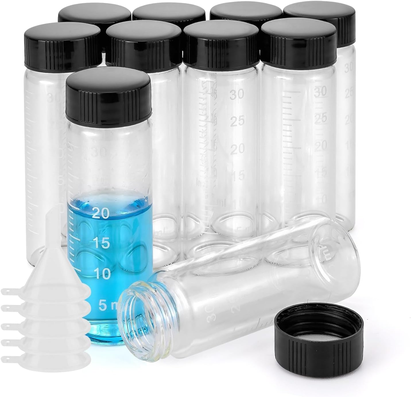 Jarlathy 10 Pack 30Ml (1 Oz) Glass Sample Vial Clear Graduated Measuring Bottles Empty Reusable Liquid Vials with Plastic Screw Cap and 10 Funnels image number 2