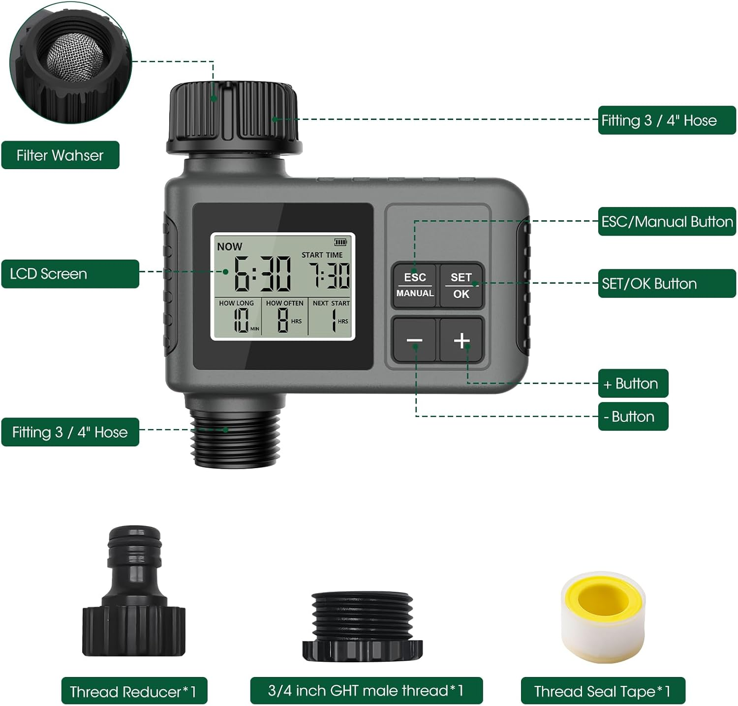 HUAJUN Water Timer for Garden Hose, Programmable Digital Sprinkler Timer with Manual & Automatic Modes, Tap Timer Outdoor with IPX5 Waterproof Design and Rain Delay for Yard, 1 Outlet image number 6