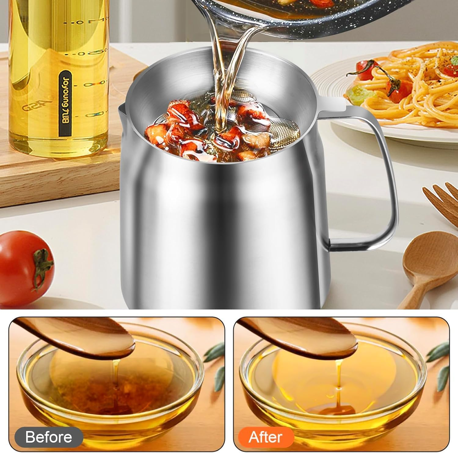 304 Stainless Steel Oil Filter Pot with Filter Basket and Mesh, 2.0L Large Capacity Versatile Oil Filter Vessel for Storing, Frying, and Cooking Grease image number 2