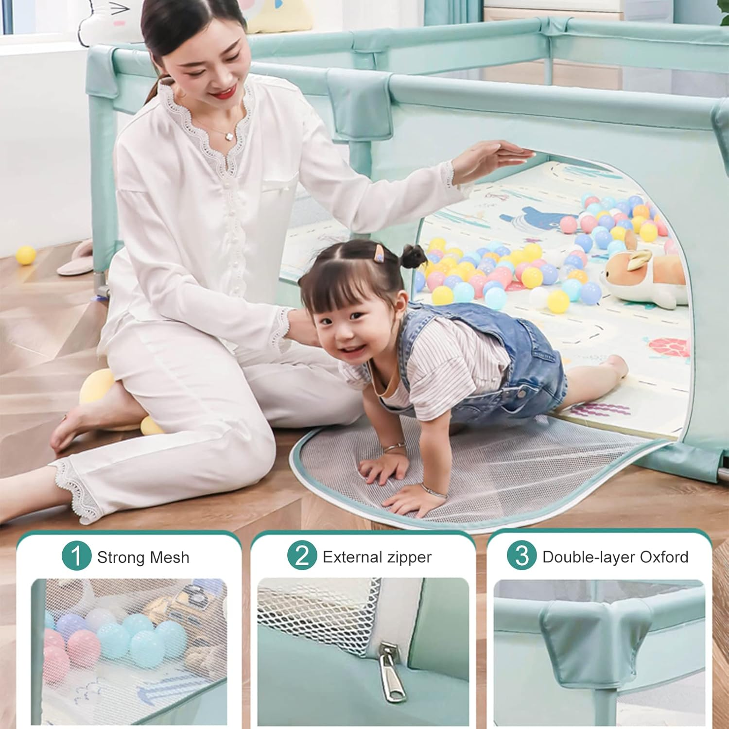 Sulishang Baby Playpen, 127X127X66Cm Baby Playard, Playpen for Toddler with Zip Gate, Indoor & Outdoor Kids Activity Center, Safety Play Yard with Soft Breathable Mesh, Green (No Mat) image number 4