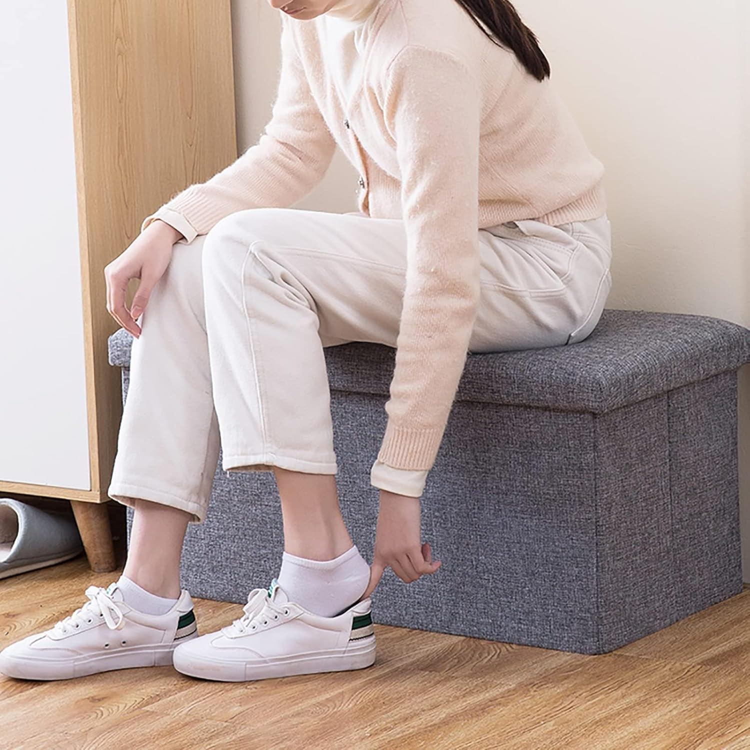 Hbluefat 30 Inches Folding Storage Ottoman, 110L Fabric Linen Footrest Ottoman, Storage Bench for Bedroom,Living Room and Hallway, Support 350Lbs (Beige) - Brown image number 7