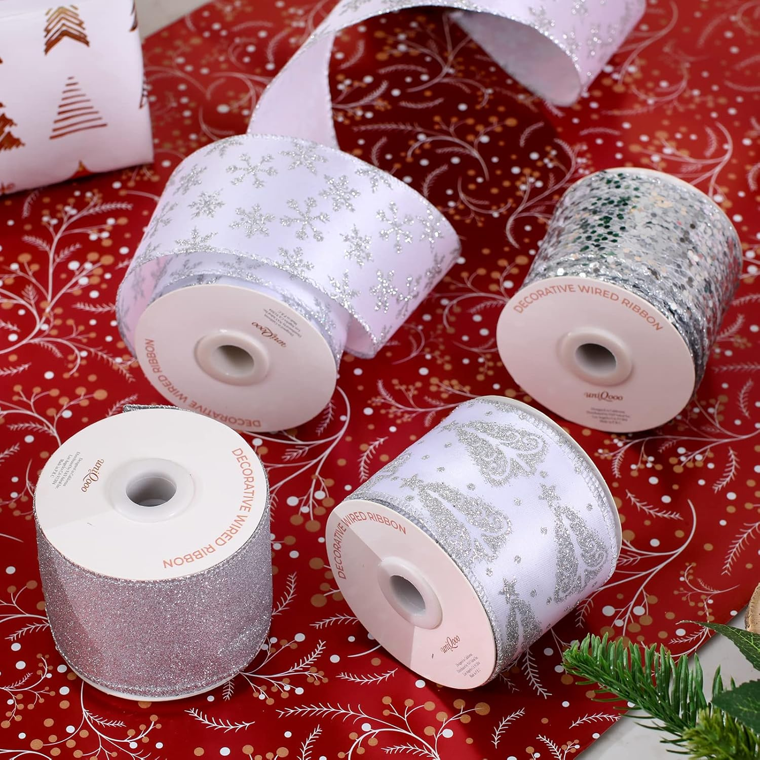 UNIQOOO 40 Yard 4 Rolls Seamless Silver Christmas Wired Ribbon Set, 2.5 Inch X 10Yd. Satin Burlap Wired Edge Ribbon for Xmas Tree D&eacute;cor, Gift Wrap Box, Bows, Wreath, Garland, Floral DIY Craft, Wedding image number 2
