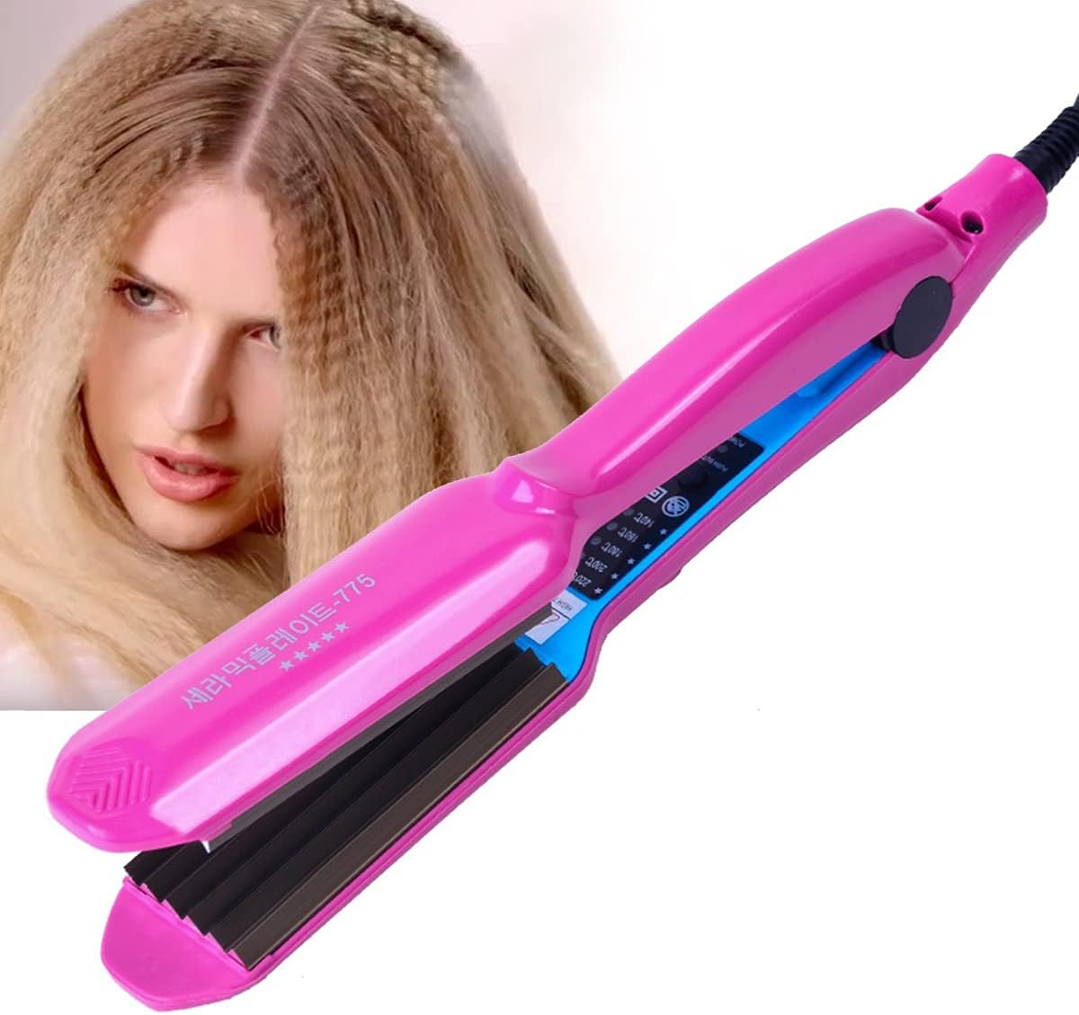 Corrugated Iron Crimped Hair Waving Iron Electric Hair Crimper Curler Irons Beauty Styling Tools Dry & Wet Use with Temperature Control (Blue)
