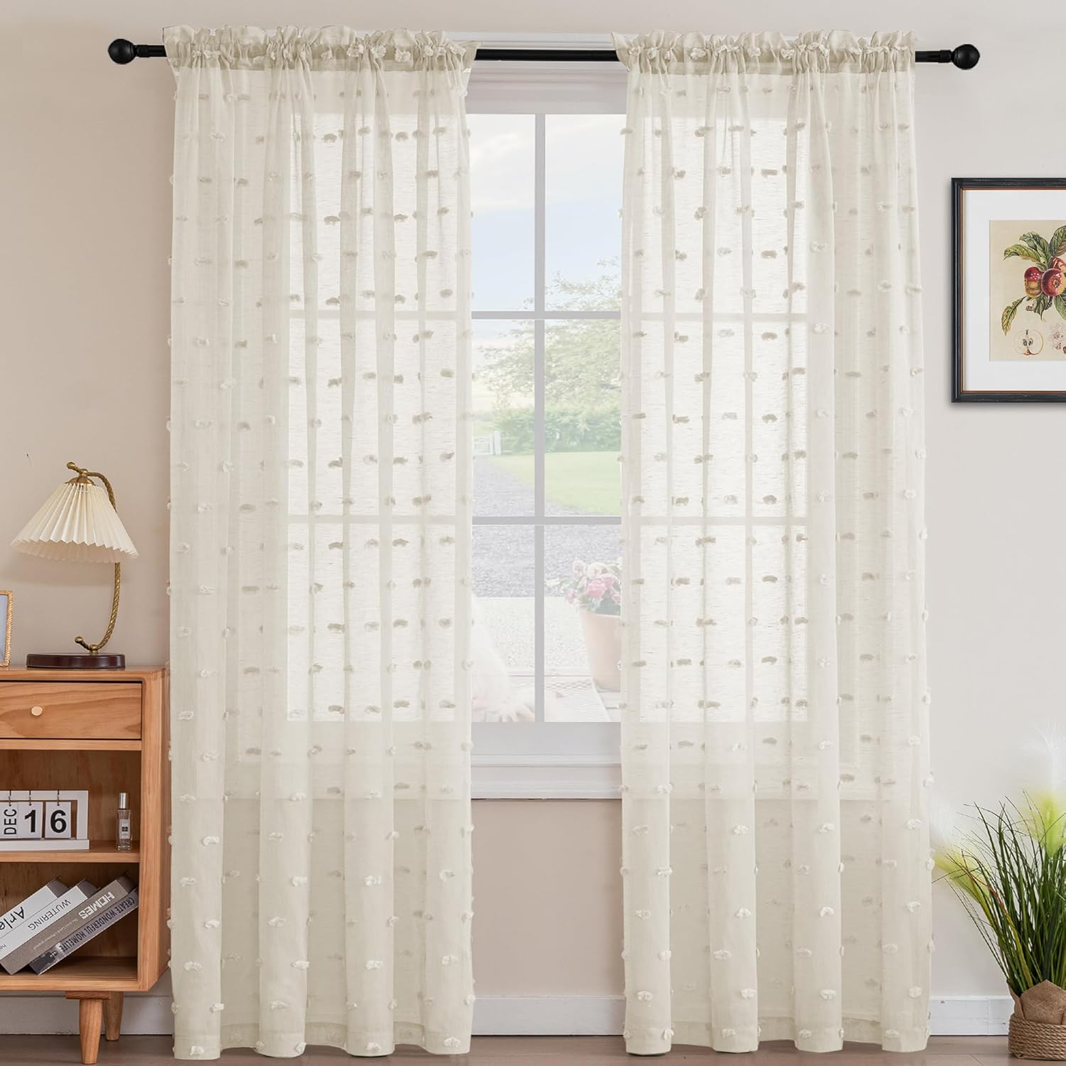 Smarcute Pom Pom Linen Textured Sheer Curtains for Bedroom Light Filtering Semi Sheer Rod Pocket Curtain & Drapes for Living Room, Nursery Room, Set of 2 Panels, (Coral Pink, 132 X 160 Cm)