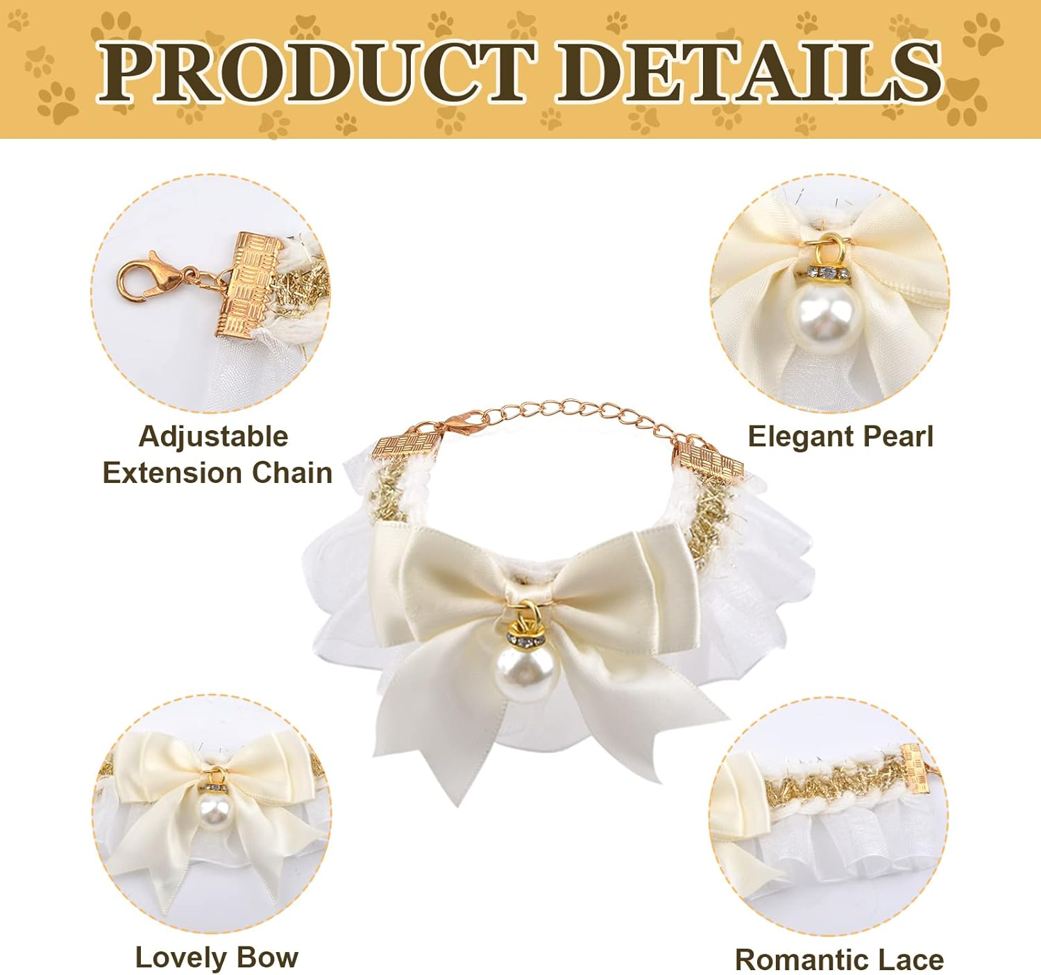 HACRAHO Pet Lace Collar, 2 Pieces Adjustable with Cute Pearl Pendant Elastic Black White Lovely Lace Collar for Cat Dog image number 4