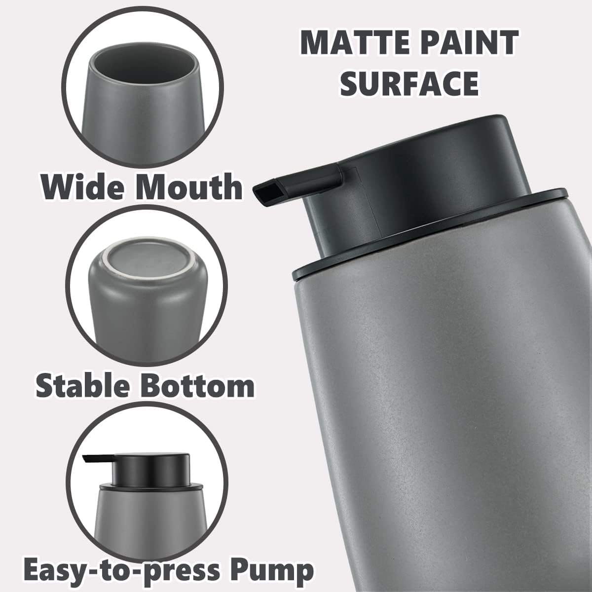 12Oz Grey Foaming Soap Dispenser - Ceramic Foam Hand Soap Dispenser with Easy-To-Press Black Pump, Refillable Bathroom Lotion Soap Dispenser, Dish Soap Dispenser for Kitchen Hand Wash Dispenser image number 6