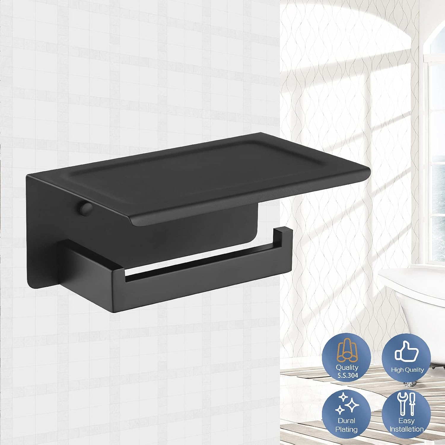 Decaura Toilet Paper Roll Holder with Phone Shelf Wall Mounted 304 Stainless Steel Bathroom Modern Tissue Towel Holder (Black) image number 4