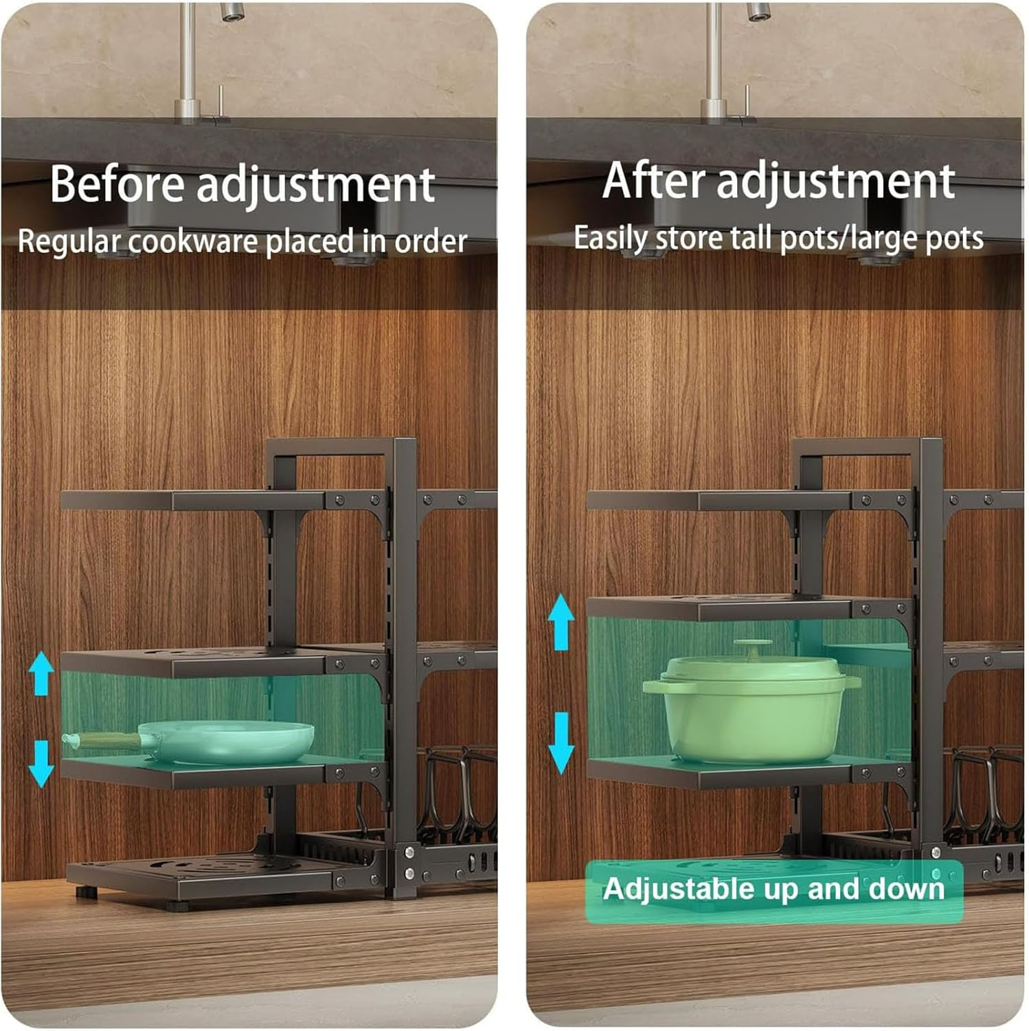 Heyinova Pots and Pans Organizer, 7-Tier Adjustable Pot Rack for Kitchen Cabinet Storage, Heavy Duty under Cabinet Pan Organizer (Black) image number 2