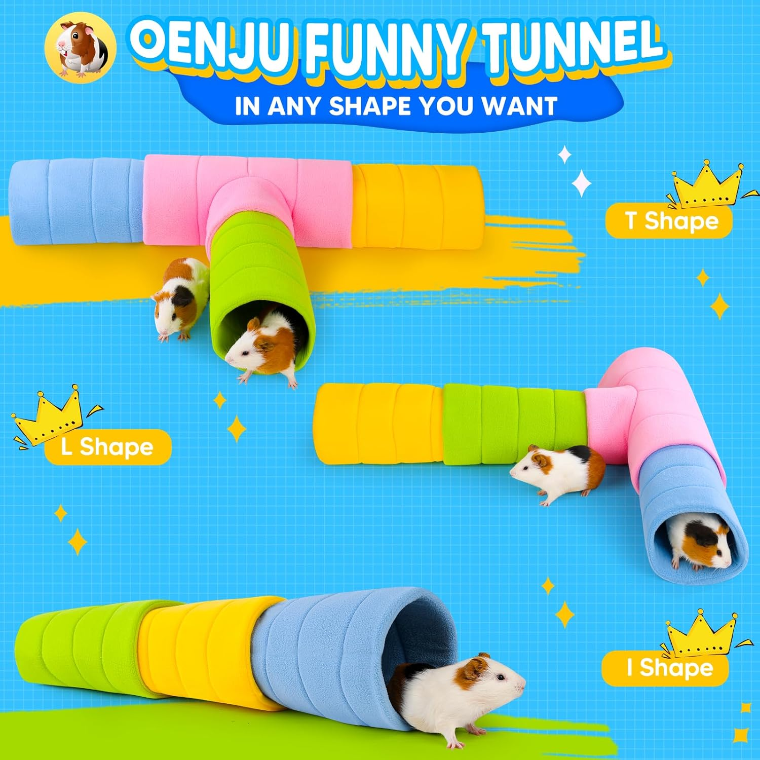 ONEJU Guinea Pig Tunnel, Four Stackable Tunnel for Guinea Pig, One Pink Guinea Pig 3-Way Tunnel and Three Different Color Guinea Pig 2-Way Play Tube, Pink, Blue, Green and Yellow image number 2