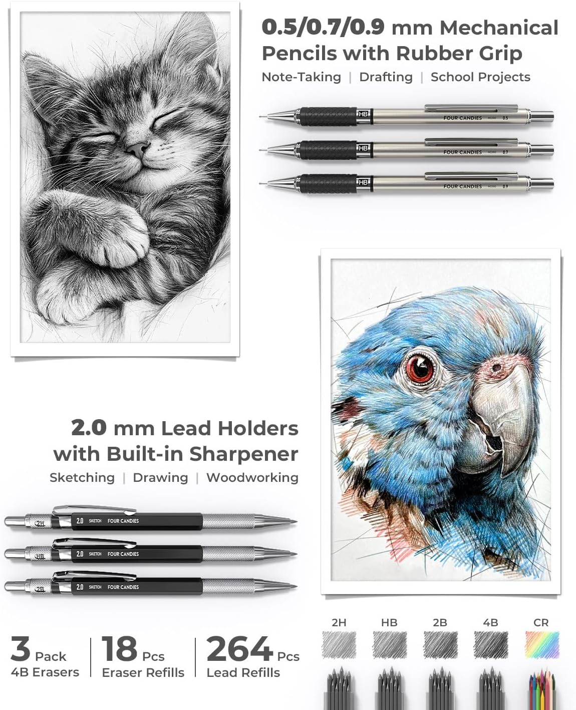 Four Candies 45 PCS School Supplies with Pen Case, 6 Gel Pens, 6 Art Mechanical Pencil Set, 12 Highlighters for College Essentials Office Stationery (Black) image number 6