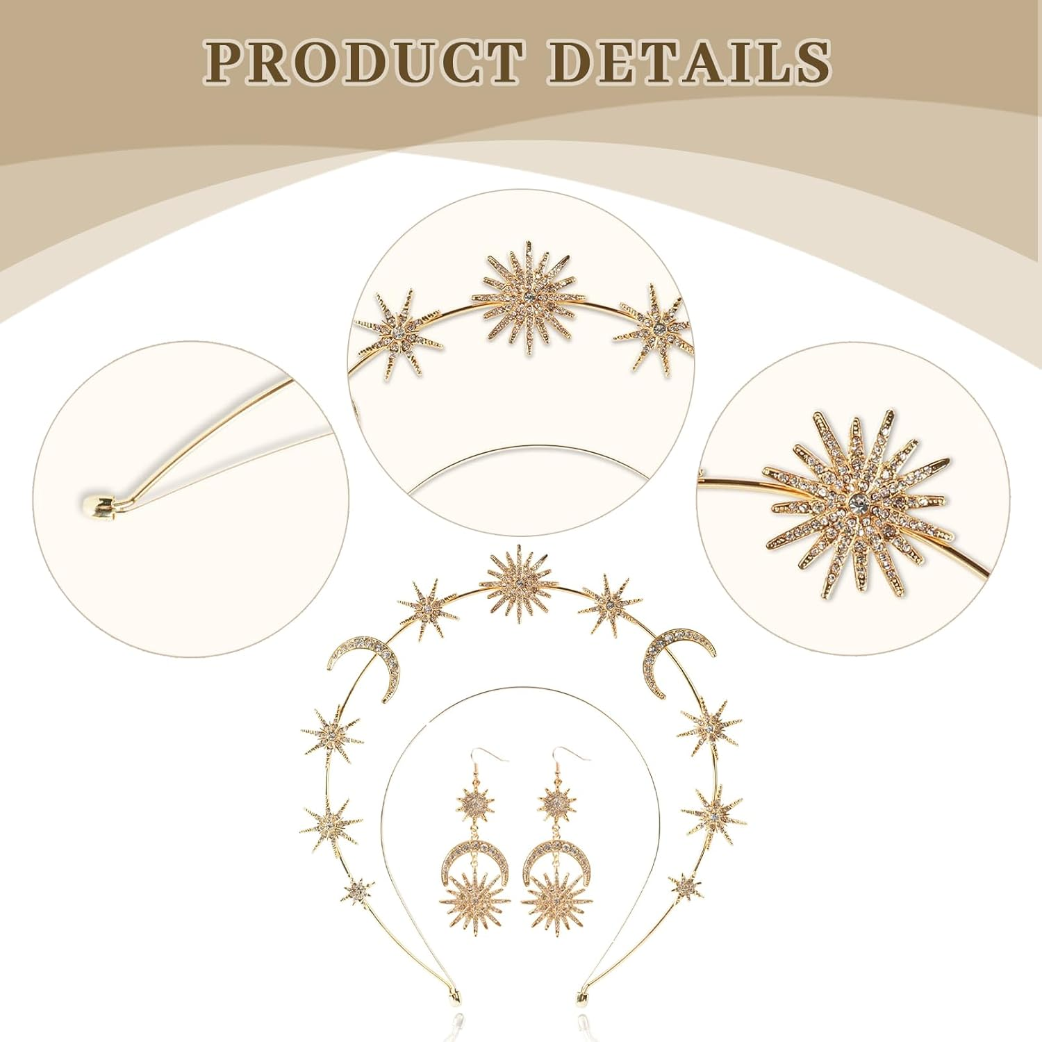 Moguri&reg; Halo Crown, Stars Crystal Goddess Headband with Earrings, Metal Halo Headpiece, Celestial Crown, Tiaras for Women, Bridal, Wedding, Costume, Cosplay, Party, Goddess Accessories image number 4