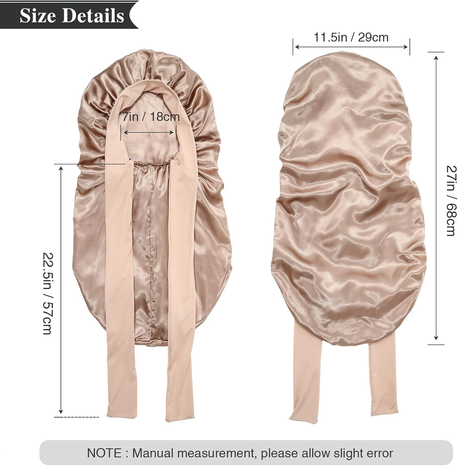 Long Satin Bonnet for Women - Double Layer Elastic Silk Bonnet for Braids Hair Sleeping Cap with Tie Band (Gold) image number 4