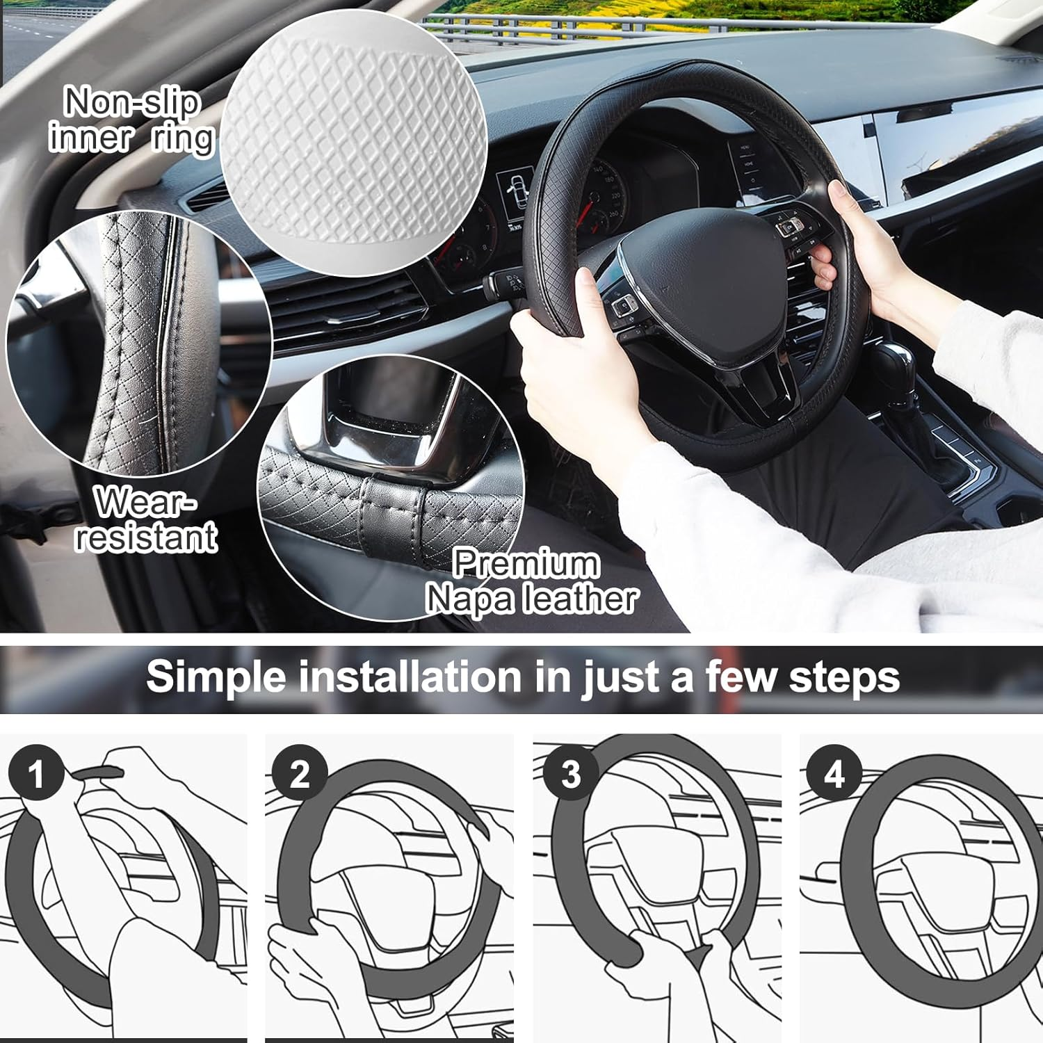 Nappa Leather Car Steering Wheel Cover, anti Slip, Thin, Breathable, Odor-Free, Universal 14.5-15 Inches Fit, Car Steering Wheel Cover Full Surround Aeecssories (Black-Nappa Leather) image number 3