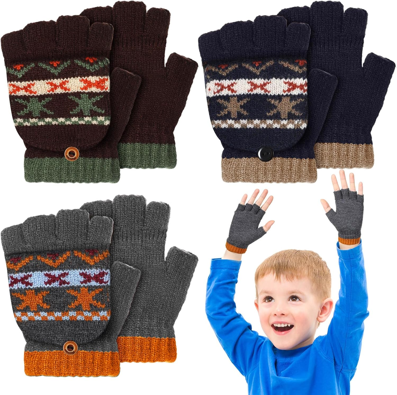 Handepo Kid Winter Gloves 3 Pair Convertible Warm Infant Gloves Flip Top Toddler Baby Clothes for Kids 2-6 Years