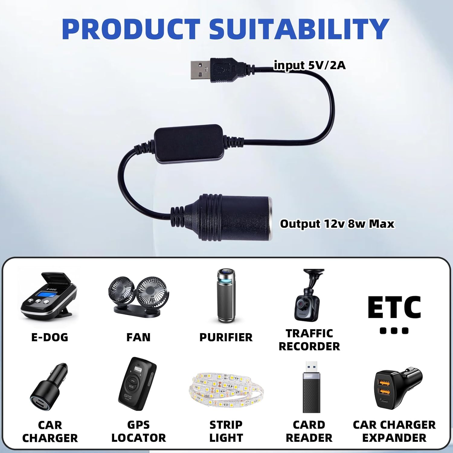 2 Pcs USB a Male to 12V Car Cigarette Lighter Socket Female Converter Cable, USB to Cigarette Lighter Adapter (8W Max) image number 6