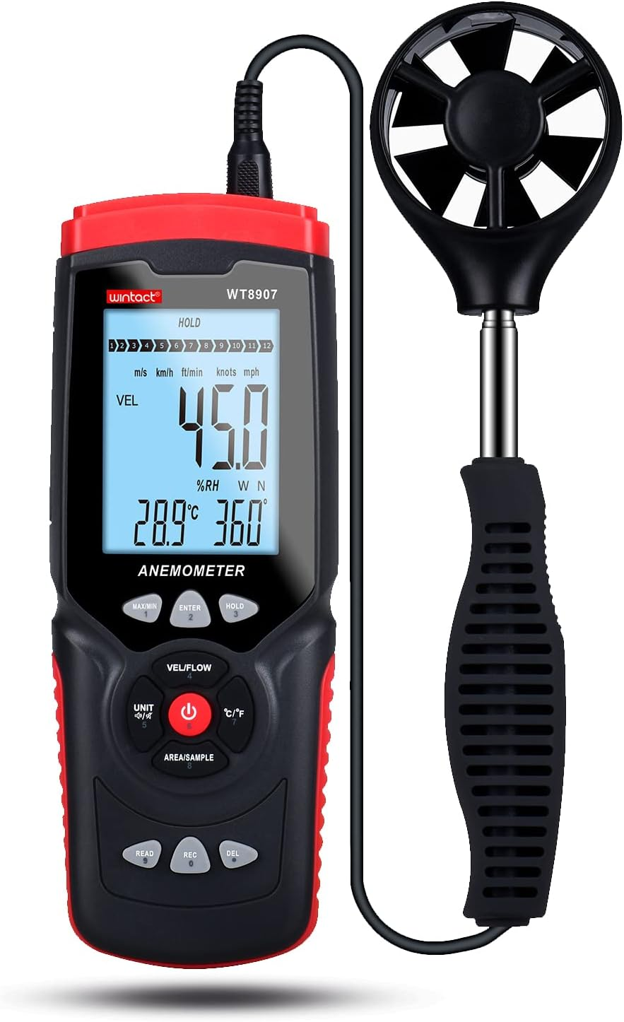 Wintact Digital Anemometer CFM/CMM, Weather Station Wind Speed Meter Gauge Measuring Air Velocity, Wind Volume, Wind Direction, Ambient Temperature, Humidity with Data Logger for HVAC Duct, Outdoor image number 3