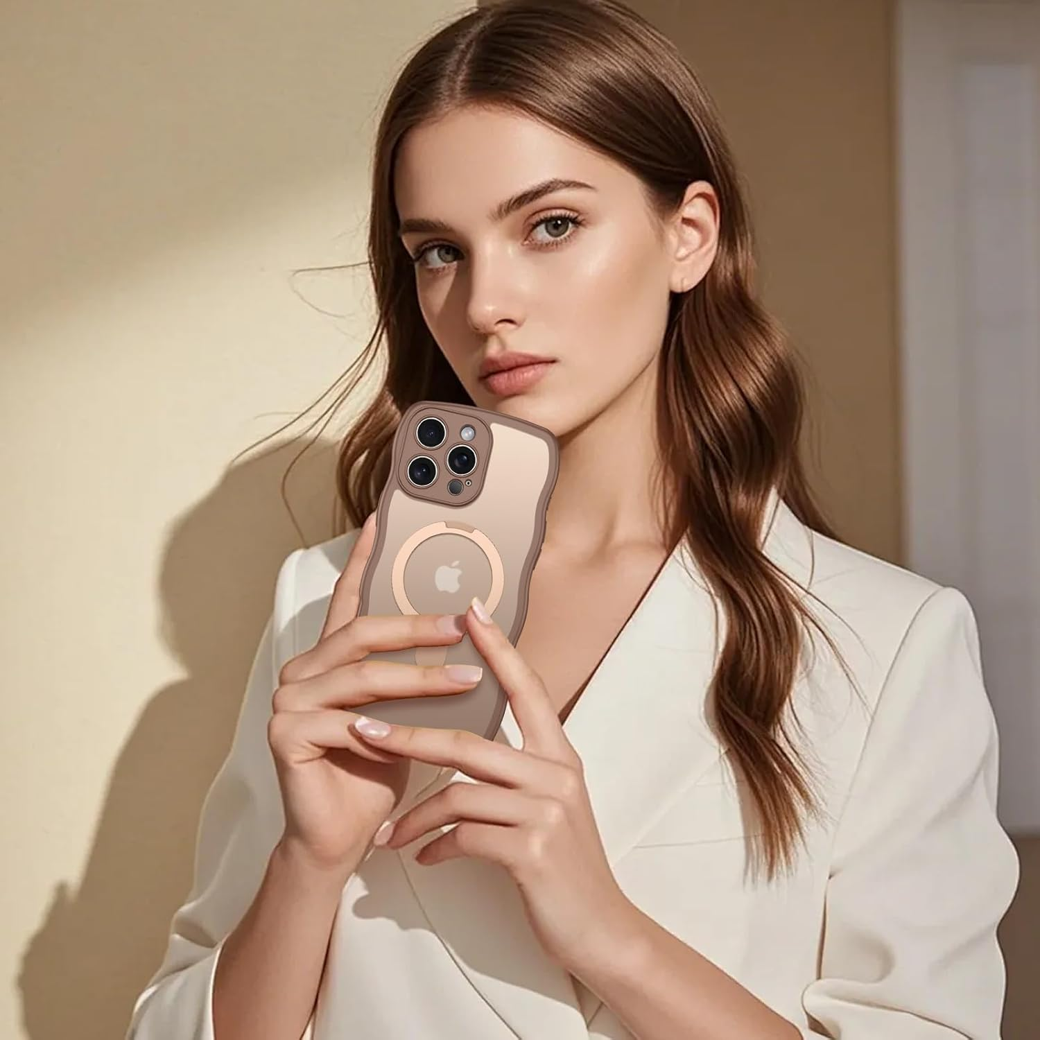 Gaobao Magnetic for Iphone 16 Pro Case, [Compatible with Mag Safe], Cute Curly Wave Frame Matte Back Protective Phone Case Cover with Invisible Kickstand for Iphone 16 Pro 6.3'', Desert Titanium Gold image number 2