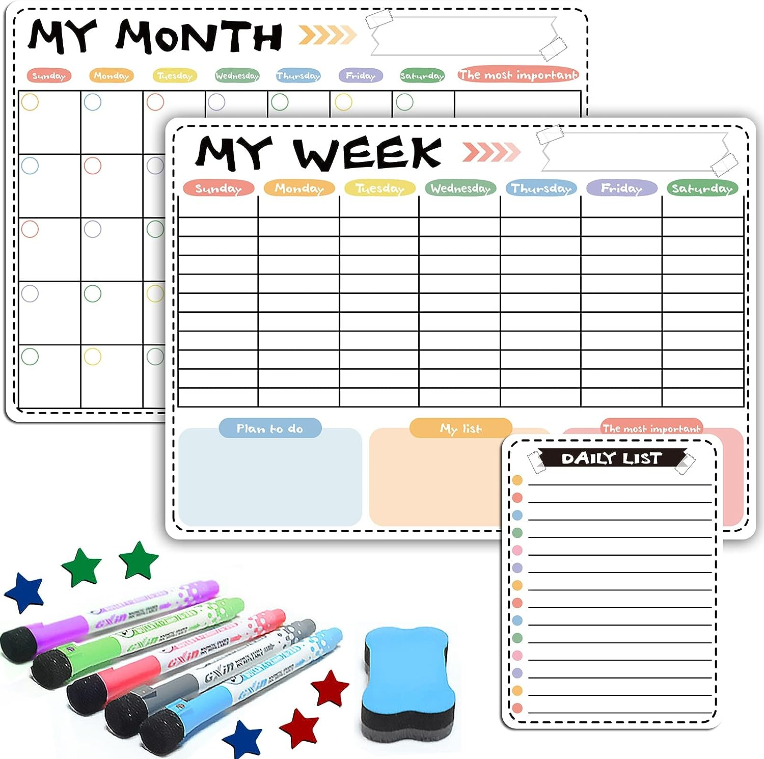 Magnetic Calendar Set for Fridge Wkeely Monthly Planners Dry Erase, 3X Whiteboard Planners Magnetic Sticker and 5X Markers & Large Eraser, 43X30Cm Daily Notepad Refrigerator White Board for Kitchen Office School