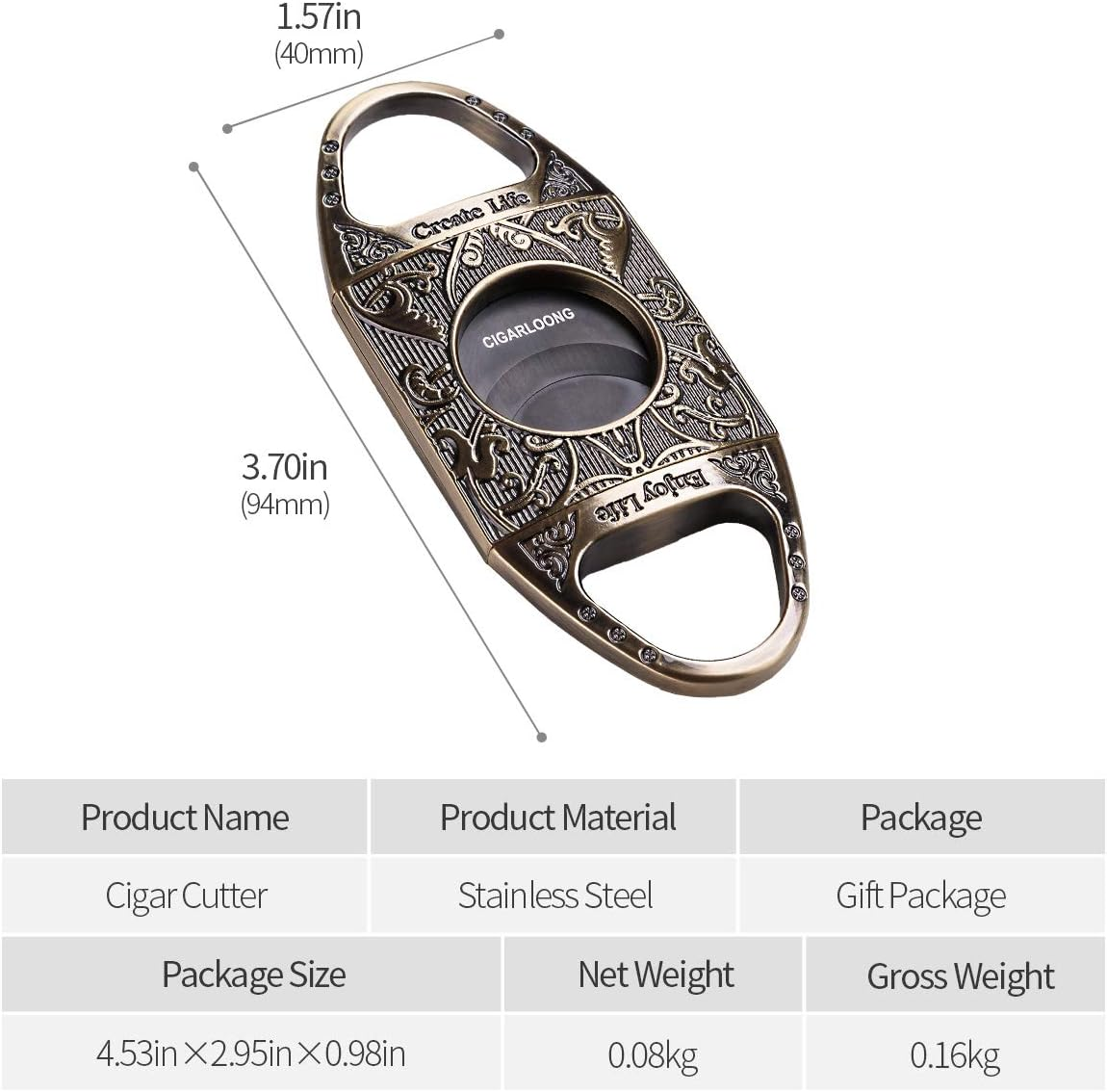 CIGARLOONG Cigar Cutter Sliver Stainless Steel Engraving Patterns Double Cut Blade Guillotine image number 3