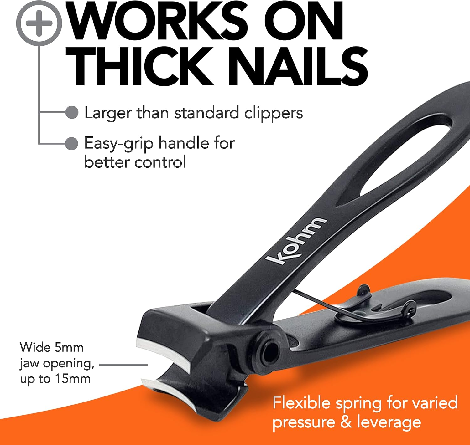 KOHM Nail Clippers for Thick Nails - Heavy Duty, Sharp Wide Mouth Professional Fingernail and Toenail Clippers for Men, Women & Seniors, Black image number 2