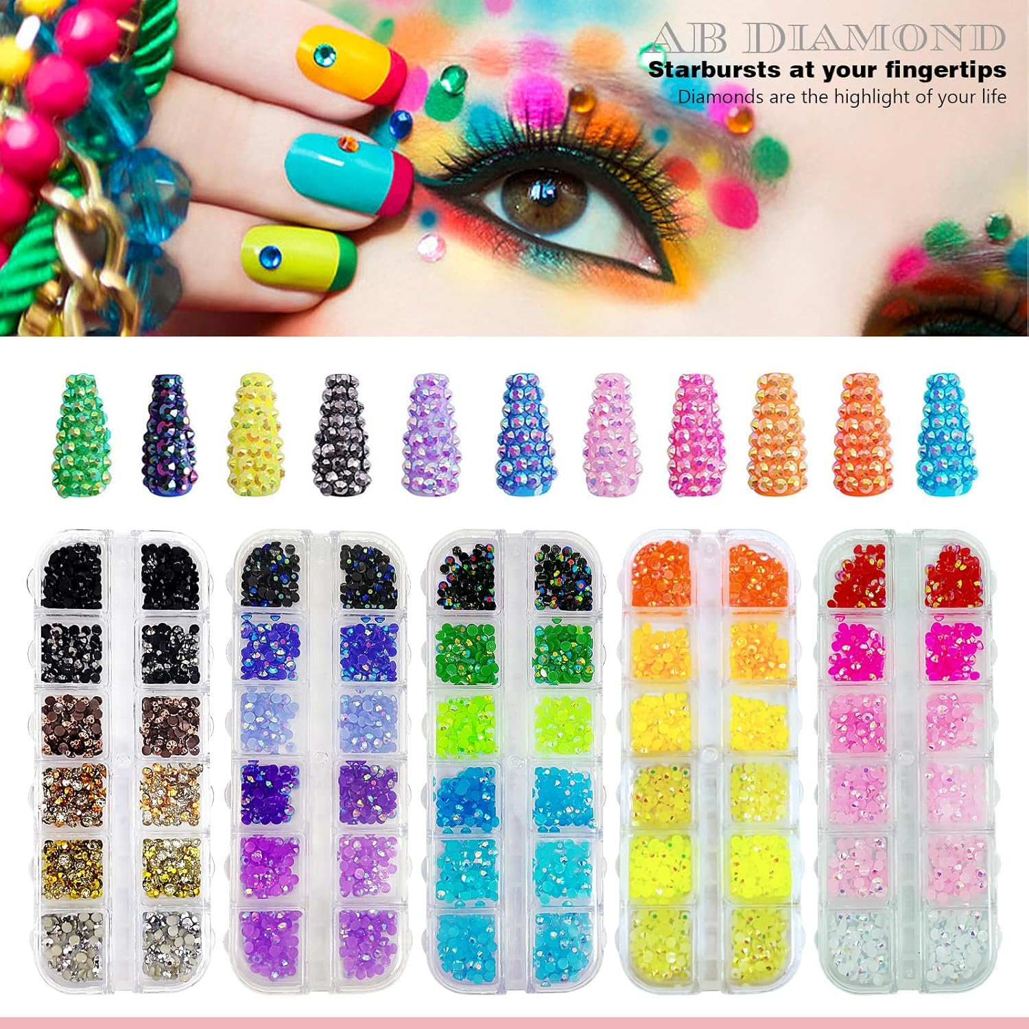 6000PCS 3Mm AB Jelly Rhinestones Kit | 30 Gradient Colors Flat Back round Gems，Colorful Glitter Crystal Gem Rhinestone for Nail Art Decoration, DIY Decoration image number 3