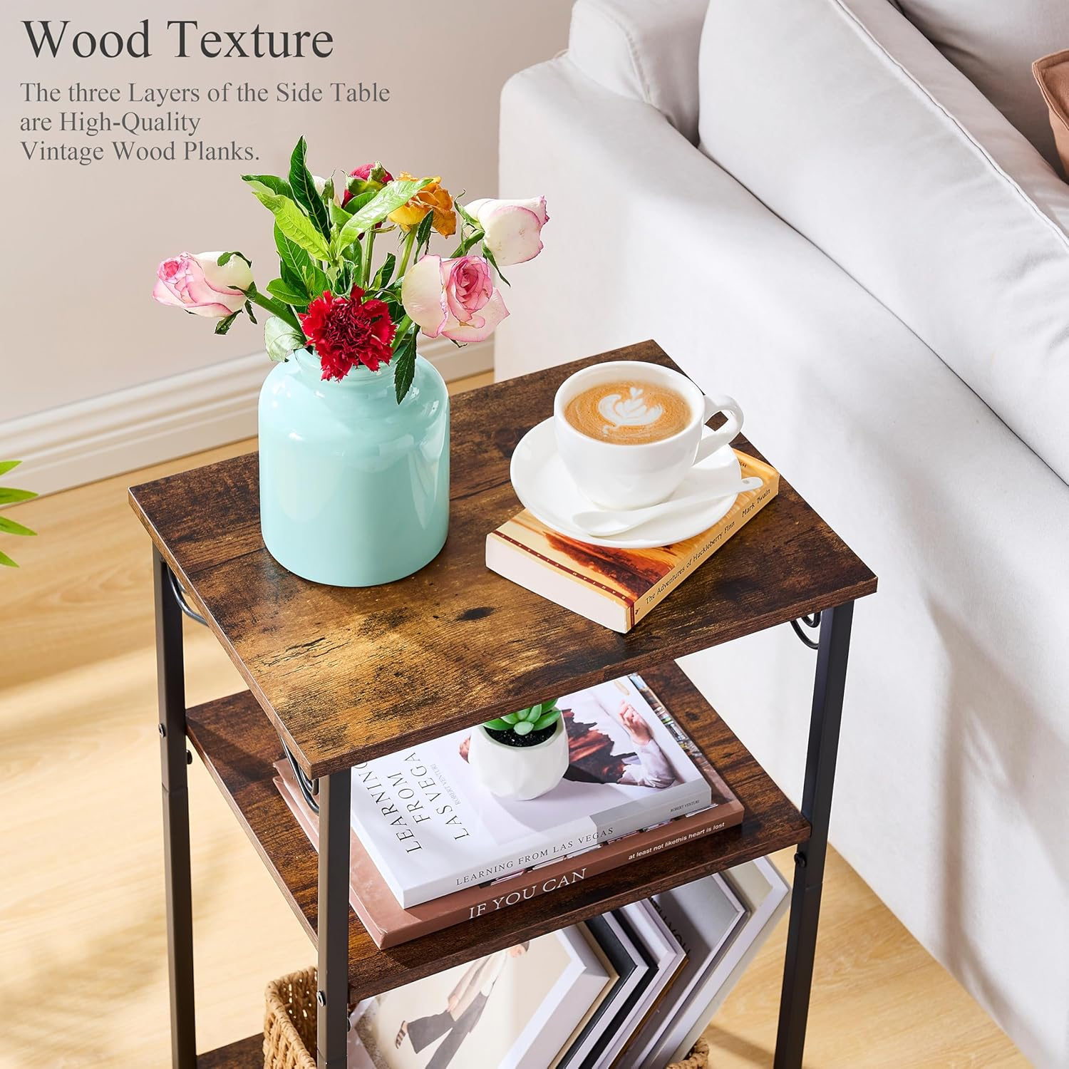 Hoctieon 3 Tier Tall End Table, Slim Night Tables, Narrow Side Table with Storage, Nightstand for Small Spaces, Metal Frame, for Living Room, Bedroom, Sofa Couch, Hall, Easy Assembly, Rustic Brown image number 2