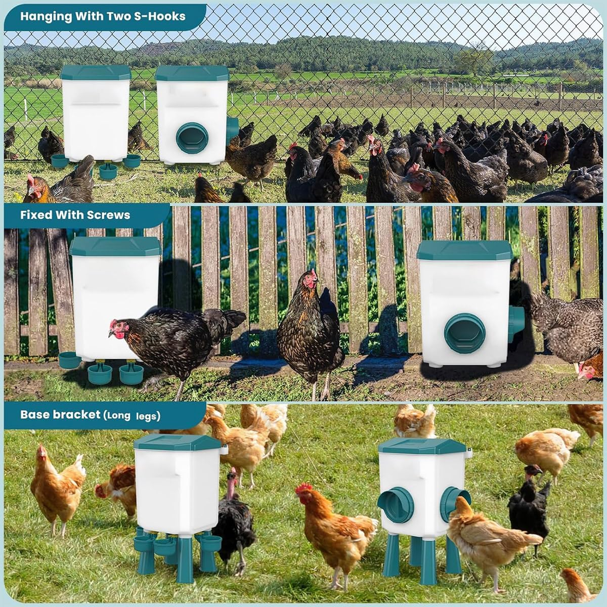 CLOUDSEASON Large Capacity Chicken Feeder and Waterer Set 12KG Auto Chicken Feeders and 11L Poultry Waterers Outdoor Chicken Water Feeder with Detachable Legs & Rain Hood (Green-12Kg+11L Set) image number 2