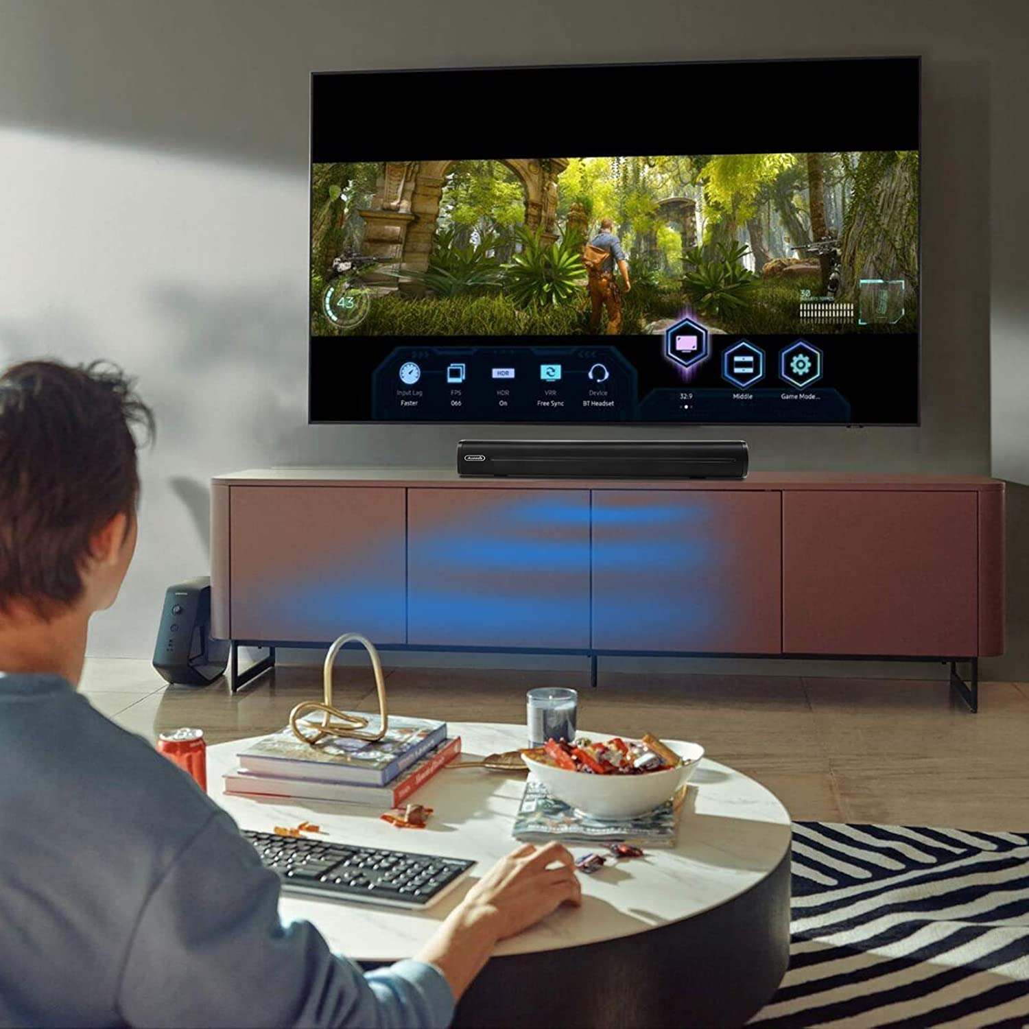 Small Soundbar for TV, Aux Sound Bar 50W 16-Inch Ultra Slim Mini Surround Soundbar TV Speakers System with Wireless Bluetooth 5.0 Optical AUX USB Connection, 3 Equalizer Modes, for 4K & HD Tvs image number 5