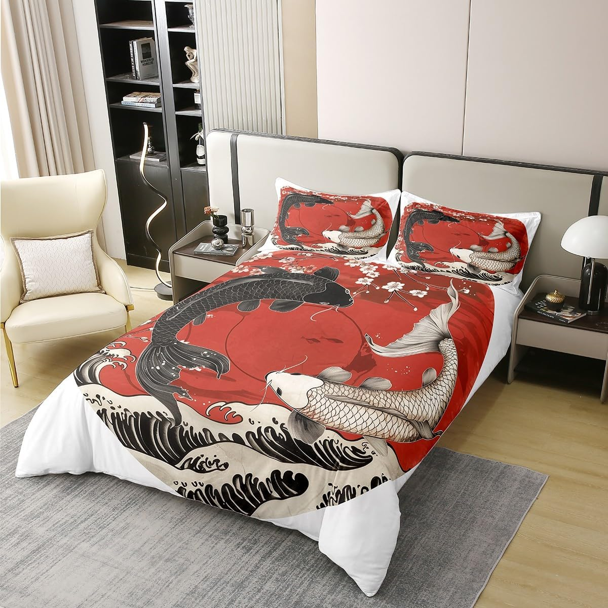 100% Cotton Koi Fish Bed Linen Set 155 X 220 Cm Japanese Style Ukiyo-E Comforter Cover Ocean Waves Floral Duvet Cover Japanese Red Sun Bedspread for Women Men Adults image number 6