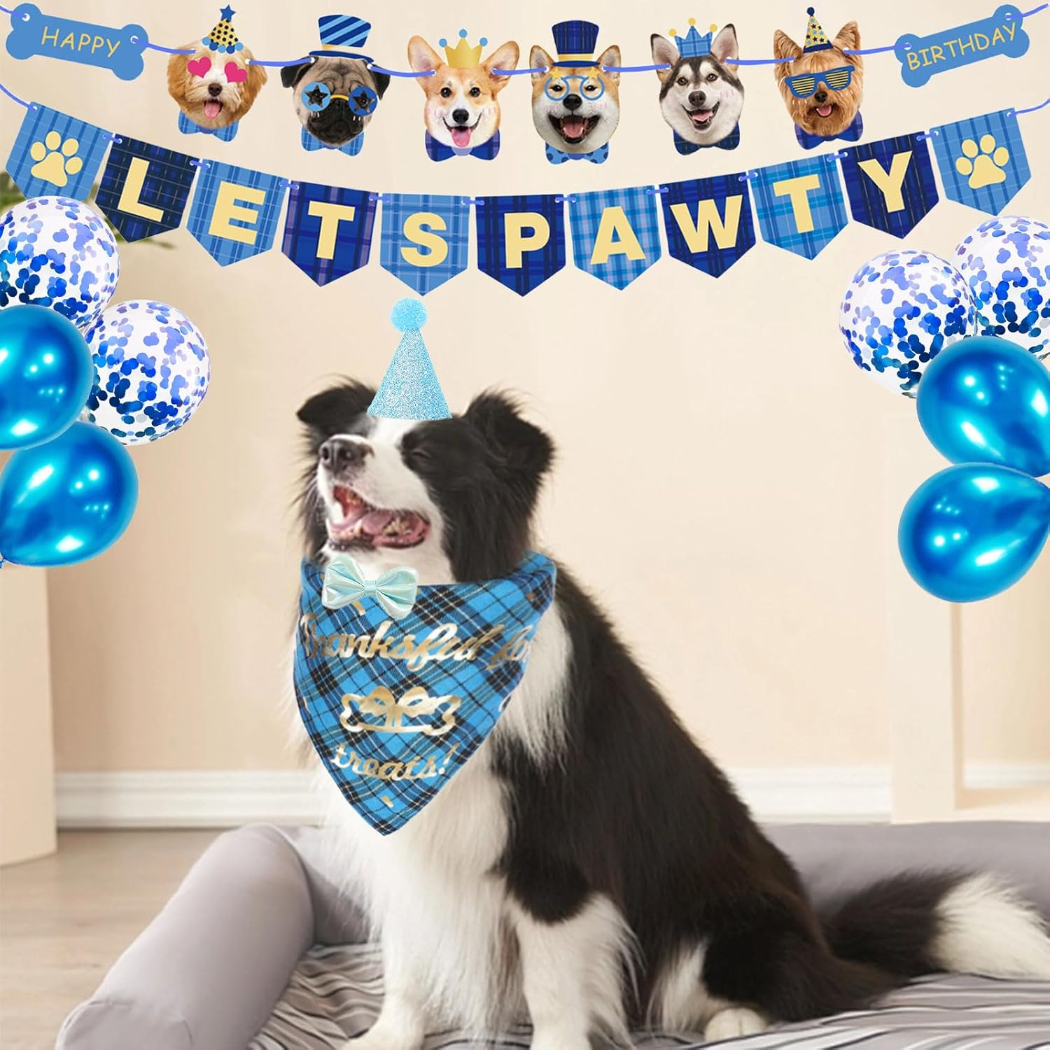 Dog Birthday Party Supplies,Dog Birthday Hat and Bandana Blue with Dog Bow Tie and Balloons,Lets Pawty Happy Birthday Banner for Pet Puppy Cats Small Medium Dogs (Dog Birthday Decorations Blue) image number 4