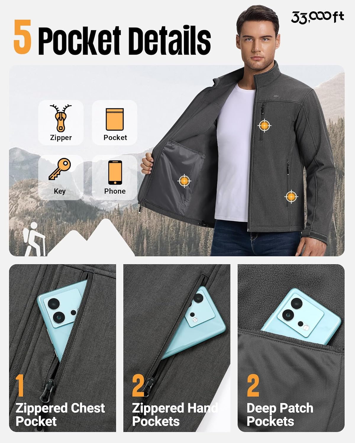 33,000Ft Mens Waterproof Jackets Fleece Lining Softshell Jackets Mens Outdoor Windproof Work Hiking Jackets for Men with Zip Pocket image number 5