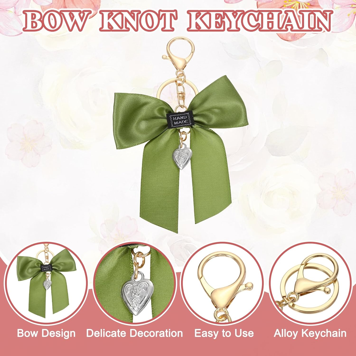 Uxcell Bow Knot Keychain, Cute Bag Charm Keyring, Bow Accessories for Women Purse, Backpack, Car Key, Phone Decoration (Green with Heart) image number 5