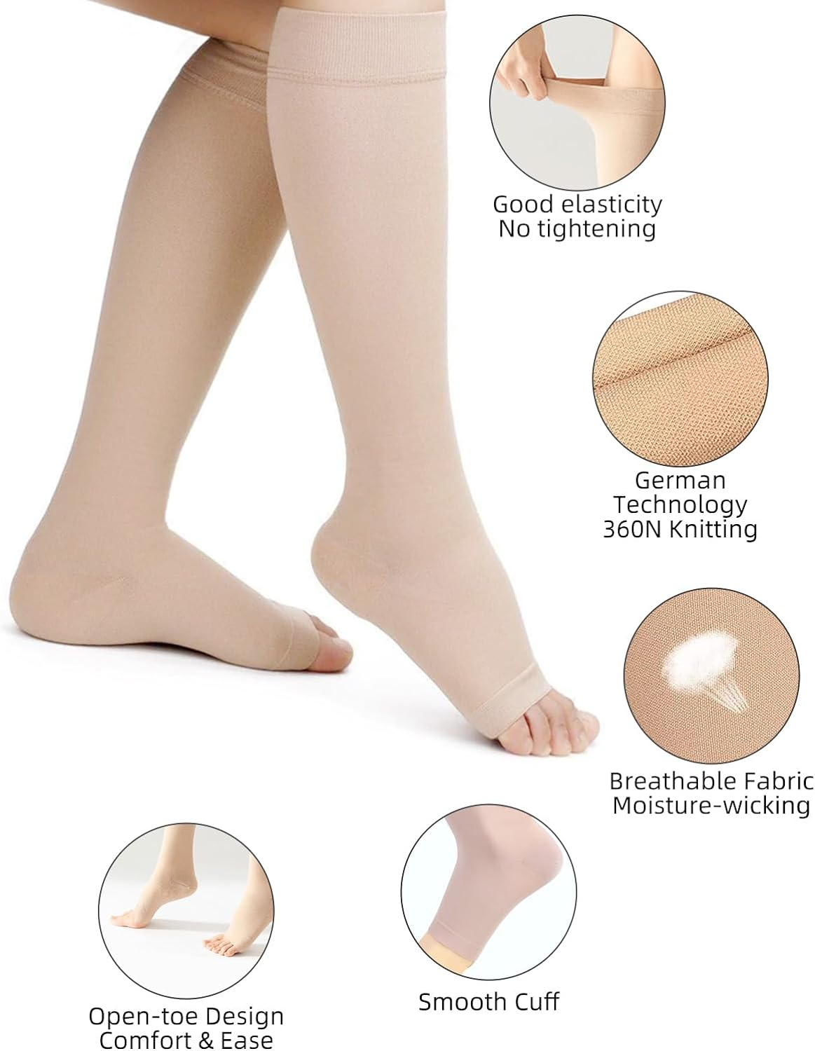 Medical Compression Socks Stockings 20-30 Mmhg Geman Tech Support Hose for Women (Black/Beige, Open Toe) image number 5