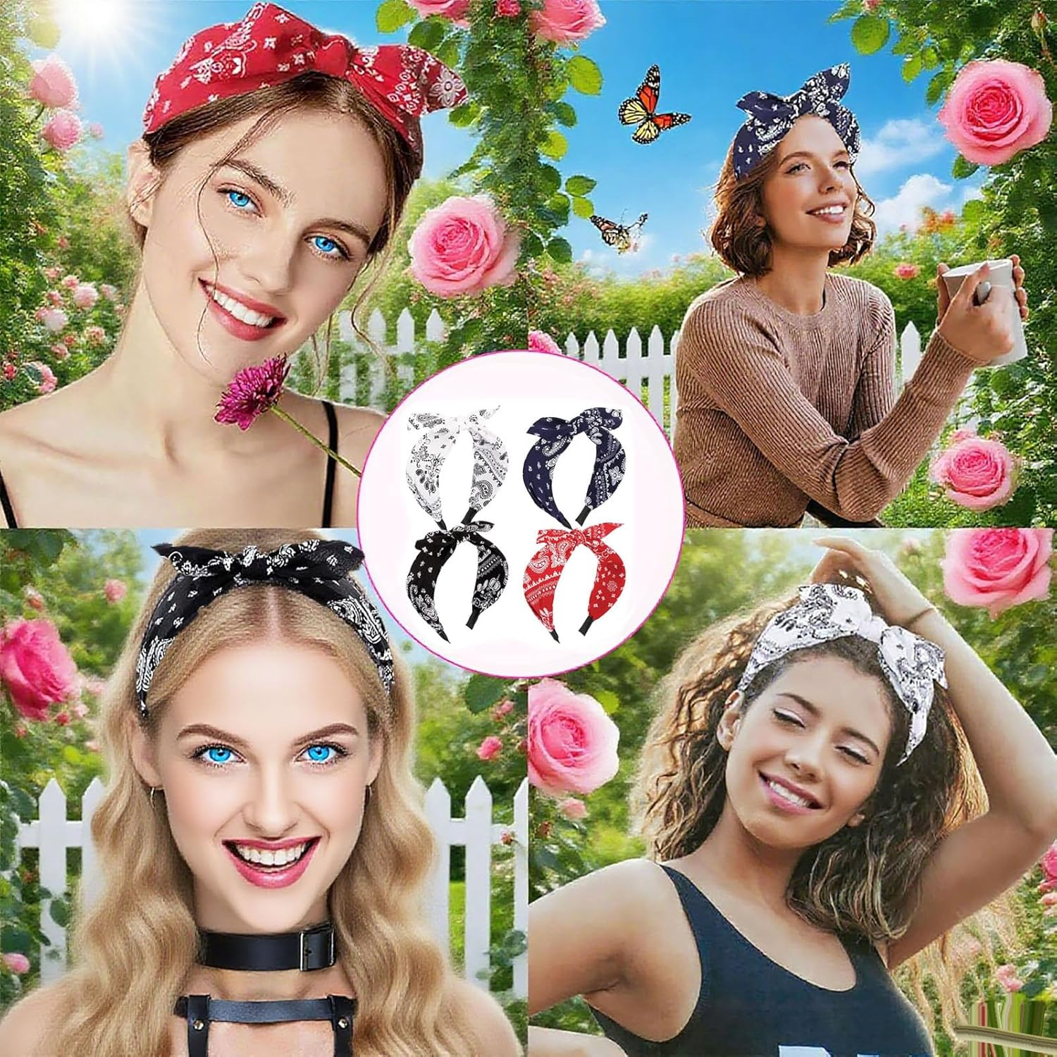 Pack of 4 Wide Paisley Headbands, Bow Hair Bands, Vintage Headband with Knots, Rockabilly Headbands, Turban, Elastic Hair Bands, Non-Slip Hair Accessories, Hair Accessories for Women and Girls image number 5