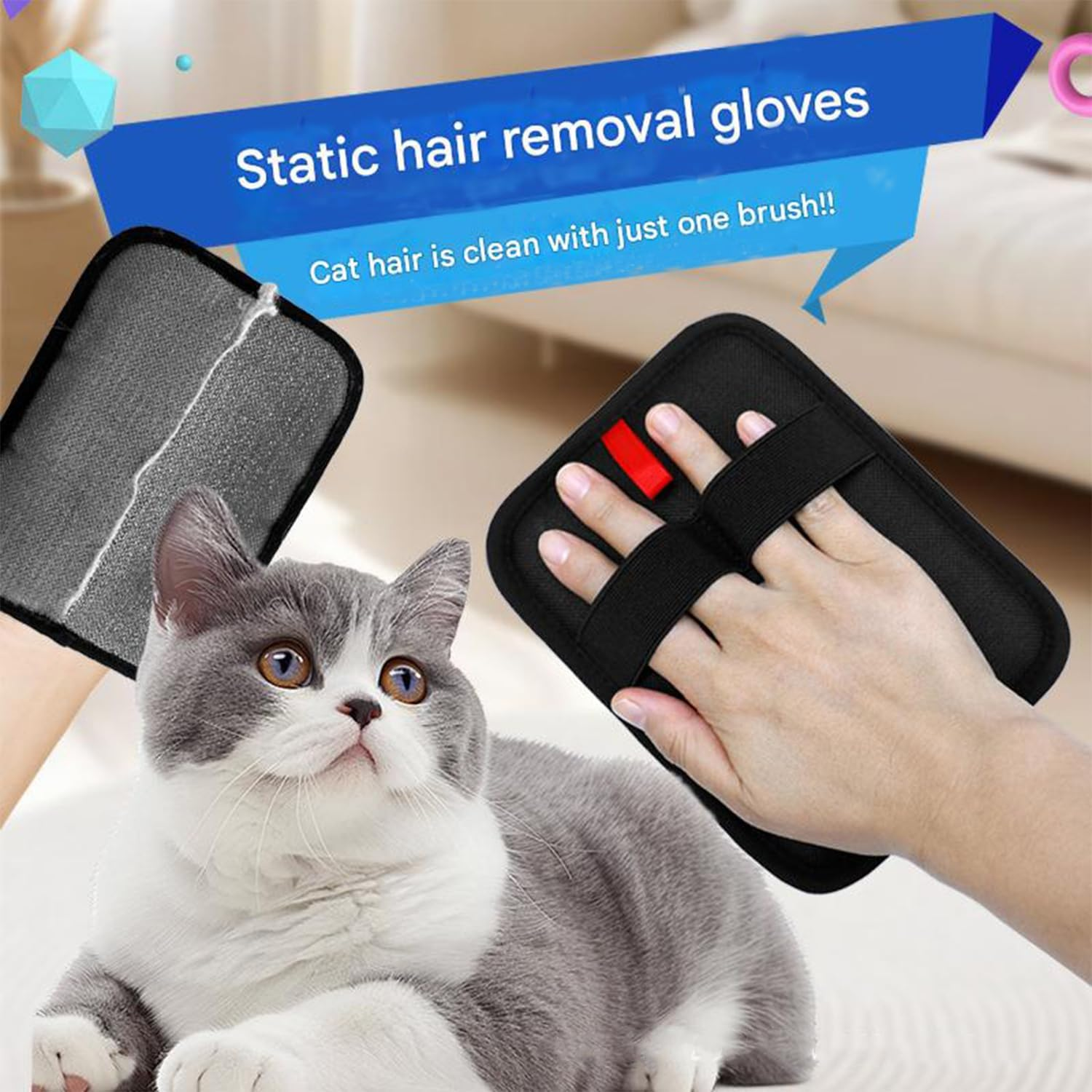 Roczential Reusable Pet Hair Removal Gloves (2Pcs) - Electrostatic Dog & Cat Grooming Gloves for Furniture, Couch, Carpet, Car Seat - Upgraded Animal Fur Remover Tool for Shedding Control image number 1