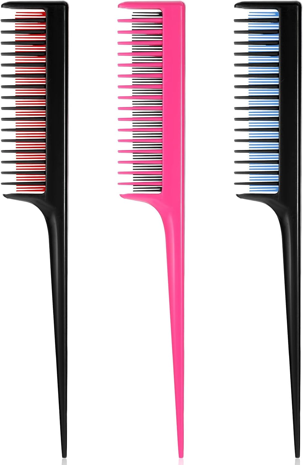 Pack of 3 Touping Comb Triple Teasing Comb for Women and Men, Handle Comb Hairdresser Heat-Resistant Plastic Rat Tail Comb Teasing Compartment Combs for Braiding Hair Styling Touping, Volume