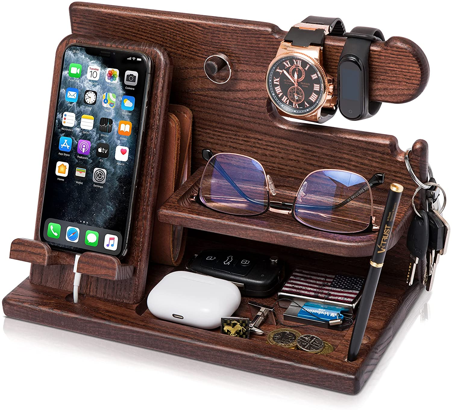 Wood Phone Docking Station Ash Key Holder Wallet Stand Watch Organizer Men Gift Husband Wife Anniversary Dad Birthday Nightstand Purse Father Graduation Male Travel Idea Gadget (Chestnut)