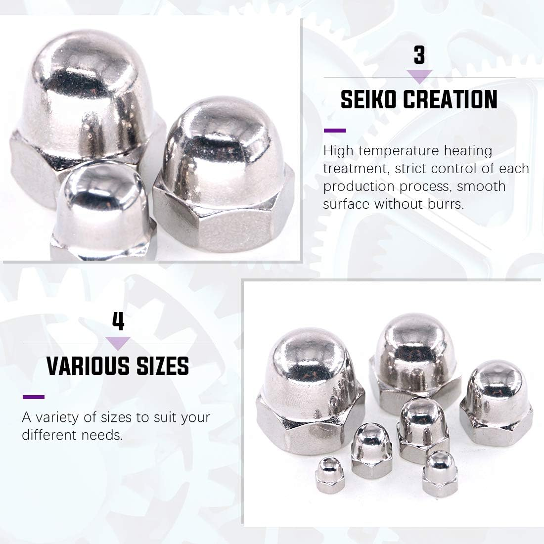 Swpeet 100Pcs 304 Stainless Steel Serrated Metric Acorn Cap Nuts Hex Dome Cap Assortment Kit, 7 Sizes - M3 M4 M5 M6 M8 M10 M12 image number 6