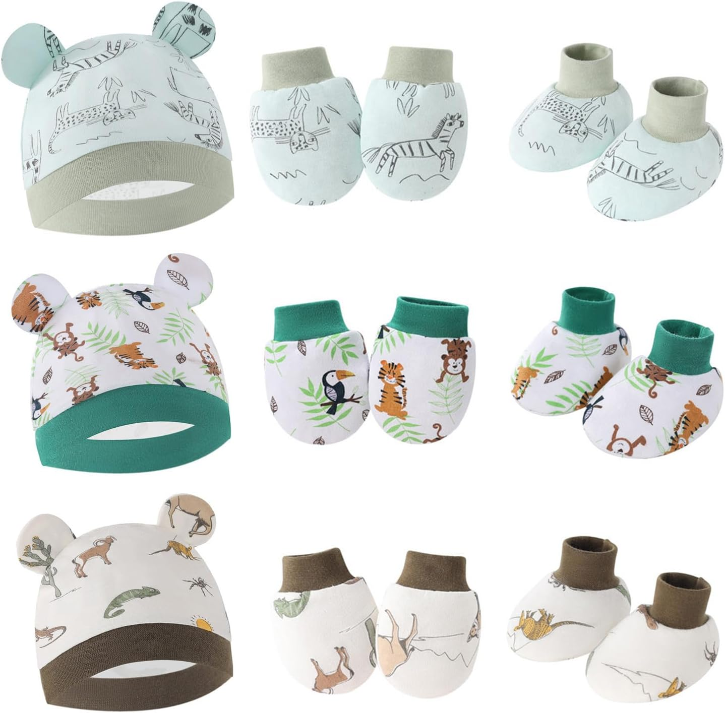 3Set Baby Cotton Hat Mittens Socks, Newborn Essentials Soft Anti-Scratch Mittens, Infant Caps for Boys Girls, 0-3M Beanie Gifts