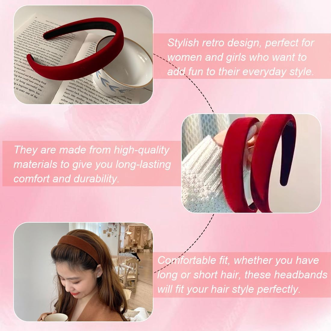 LAKJUOZ Pack of 3 Hair Bands, Fashionable Hair Bands, Wide Headbands Made of Velvet, Wide Headband, Headbands, Hairband, Vintage Hair Band for Girls and Women