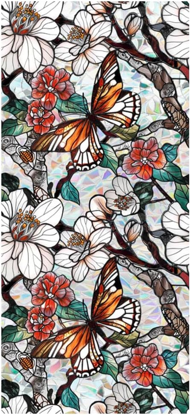 JOONOR Retro Gardenia Flowers Window Privacy Film,Gardenia Stained Glass Window Tint for Home,3D Rainbow Static Cling Sticker for Bathroom Living Room Glass Door,16.93 X 39.37 Inch
