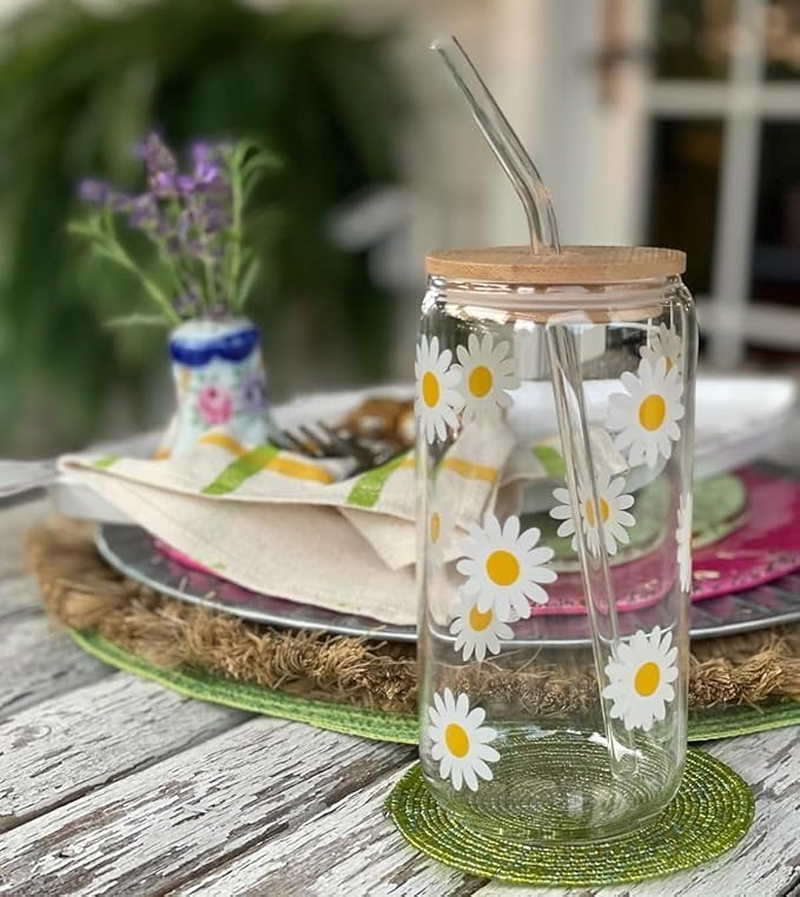 Cute Daisy Cup 16Oz Iced Coffee Cup, Cute Glass Cups with Bamboo Lids and Straws Beer Can Milk Mocha Cups - Christmas, Birthday Gifts for Women,Women'S Holiday 500Ml image number 5