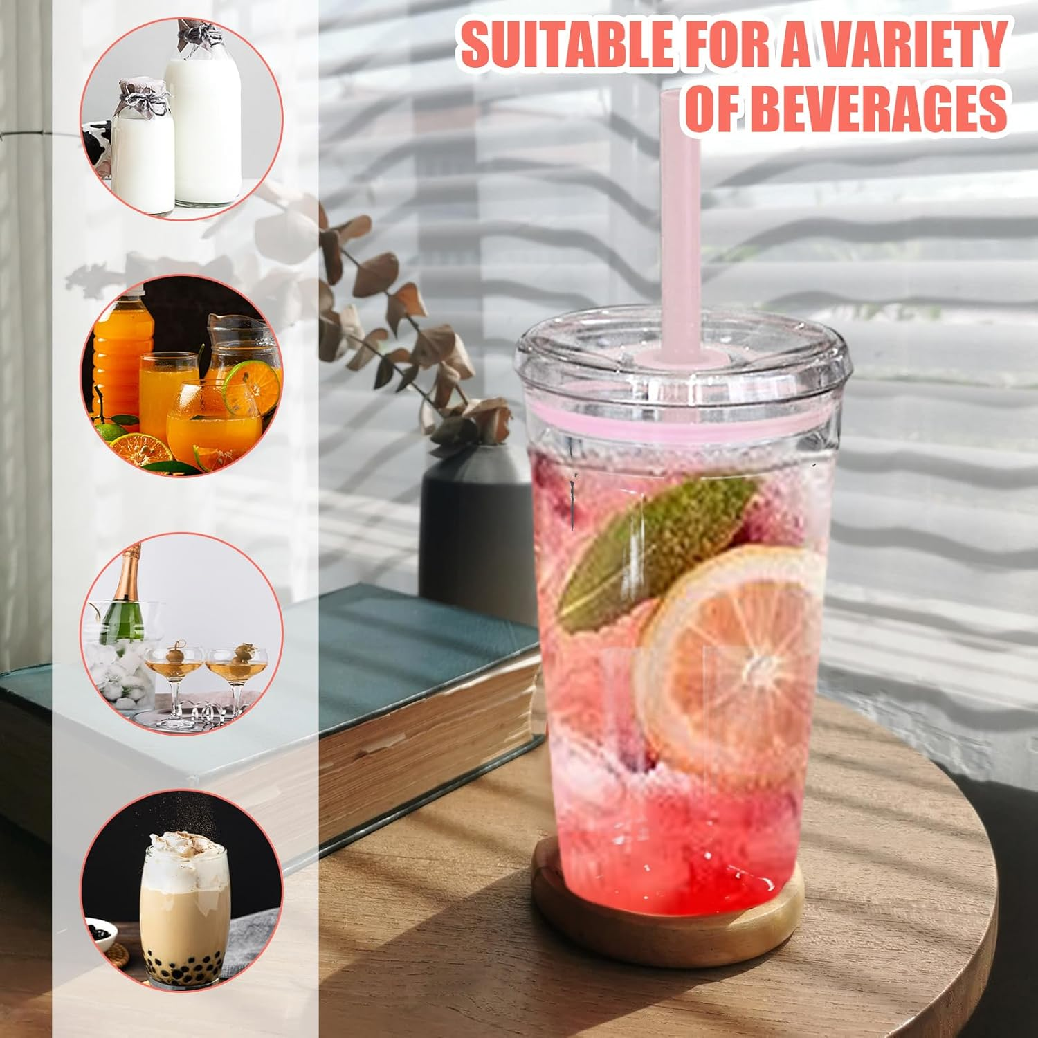 Clear Plastic Cold Cup, Acrylic Tumbler with Lid and Straw,16Oz Premium Insulated Iced Coffee Cups(Pink) image number 4