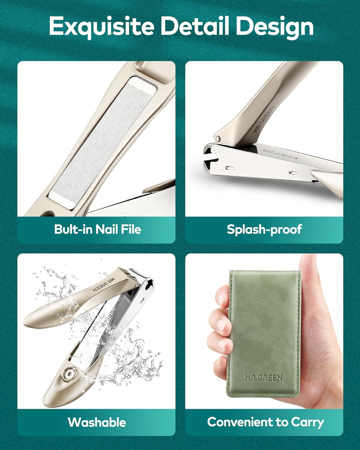 MR.GREEN Nail Clippers, 3PCS Nail Clipper Set with anti Splash Fingernail Clipper and Ear Pick, Professional Nail Clippers for Men and Women, Stainless Steel Nail Cutter with Leather Case (Green) image number 4