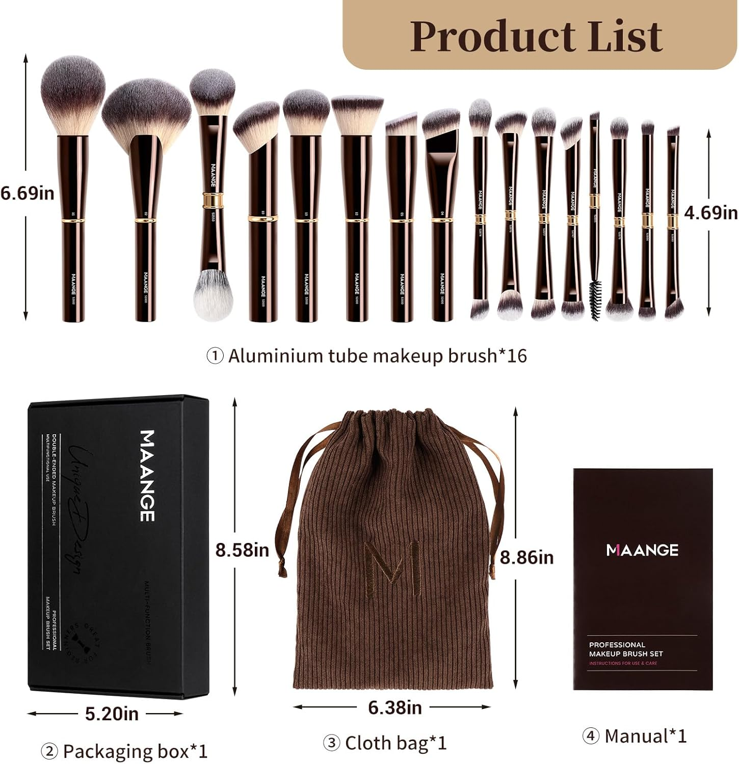 MAANGE 16 Pcs Professional Makeup Brushes, Double Sided Foundation Powder Contour Blush Set Complete Set with Pouch and Gift Box (Coffee Brown) image number 6