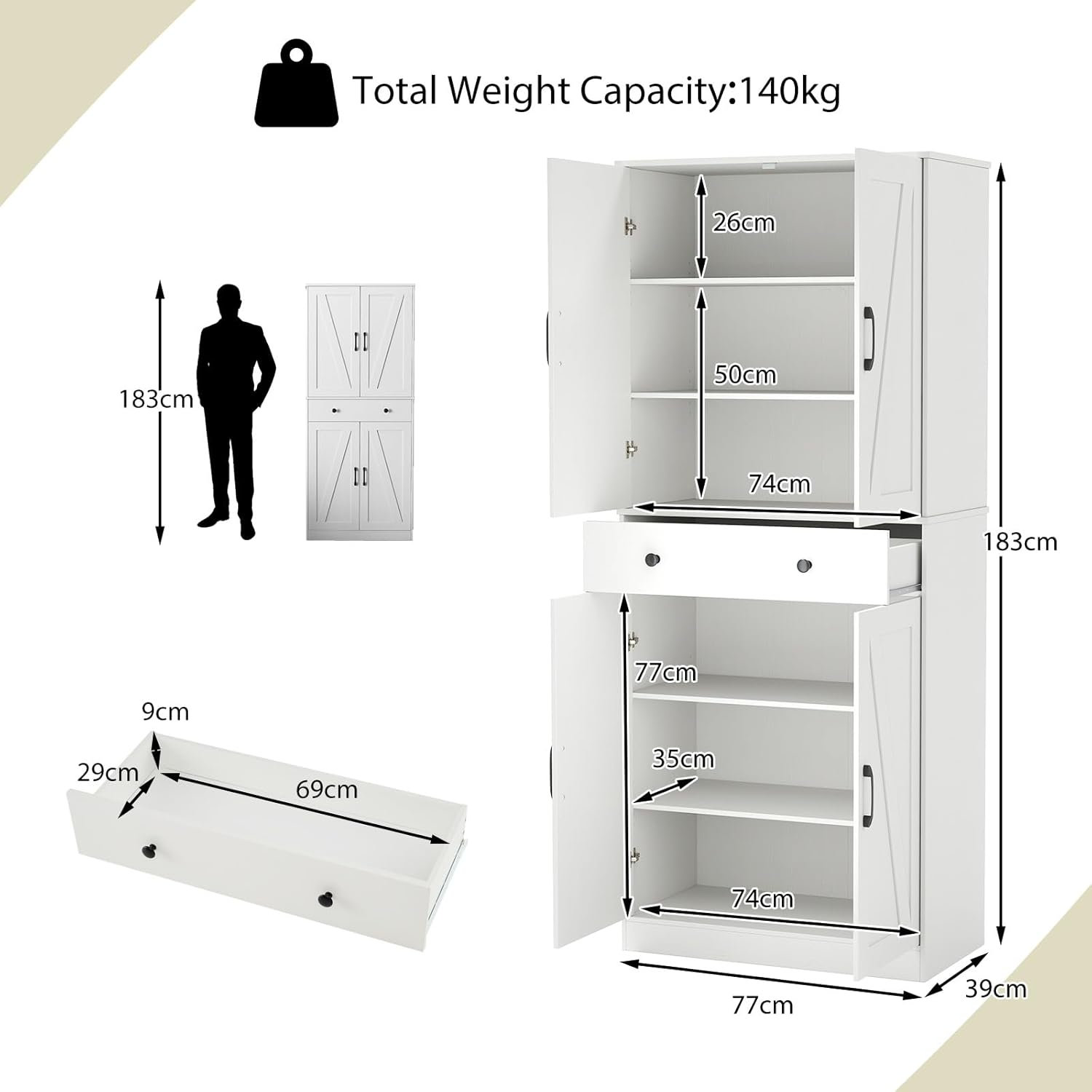 Giantex 183Cm Tall Kitchen Pantry, Modern Farmhouse, Storage Drawer & 3 Adjustable Shelves, Versatile Storage for Living Room, Dining Room, White image number 3