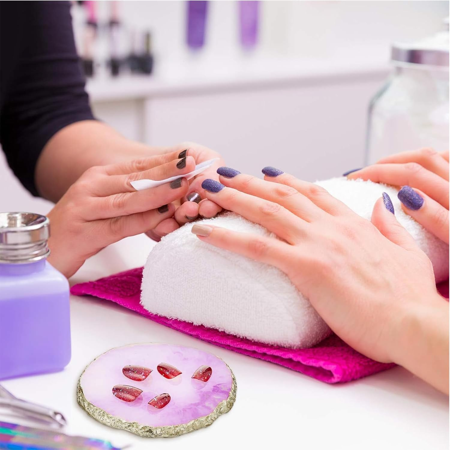 Tavvke 2 Pcs Resin Nail Palette with Stainless Steel Stirring Rod, Nail Art Display Board, Gold-Edged Mixing Board for Polish, Gel, and Makeup (Gray and Purple)