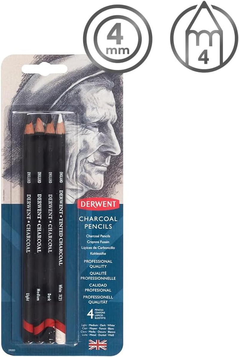 Derwent Charcoal Drawing Pencils, Set of 4, Light, Medium, Dark & Tinted Charcoal White, Professional Quality, 39000 image number 1