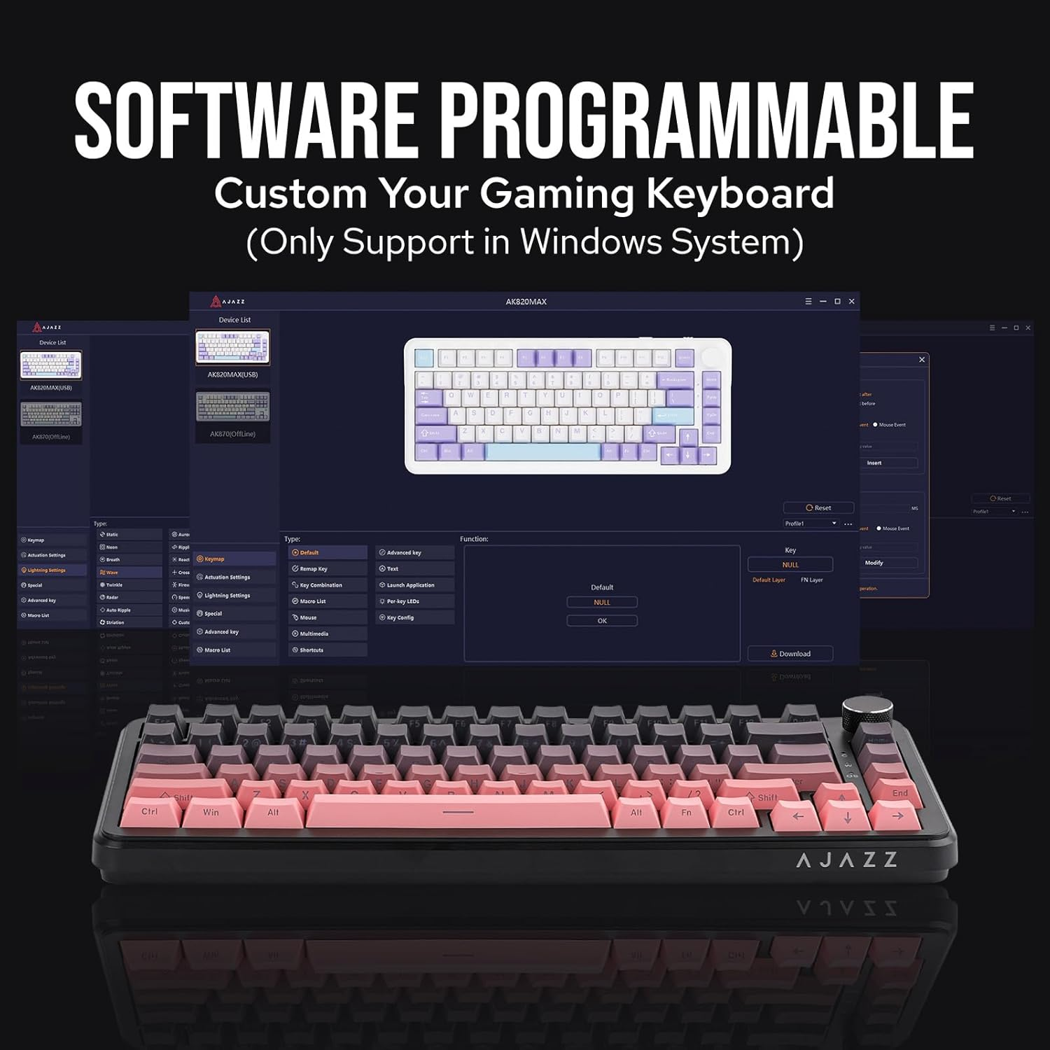 AJAZZ AK820 MAX HE Hall Effect Magnetic Gaming Keyboard, Adjustable Actuation, 8Khz Polling Rate, Wired Rapid Fast Keyboard, Creamy Gasket, RGB Backlight, NKRO for Win/Mac (Black Pink) image number 6